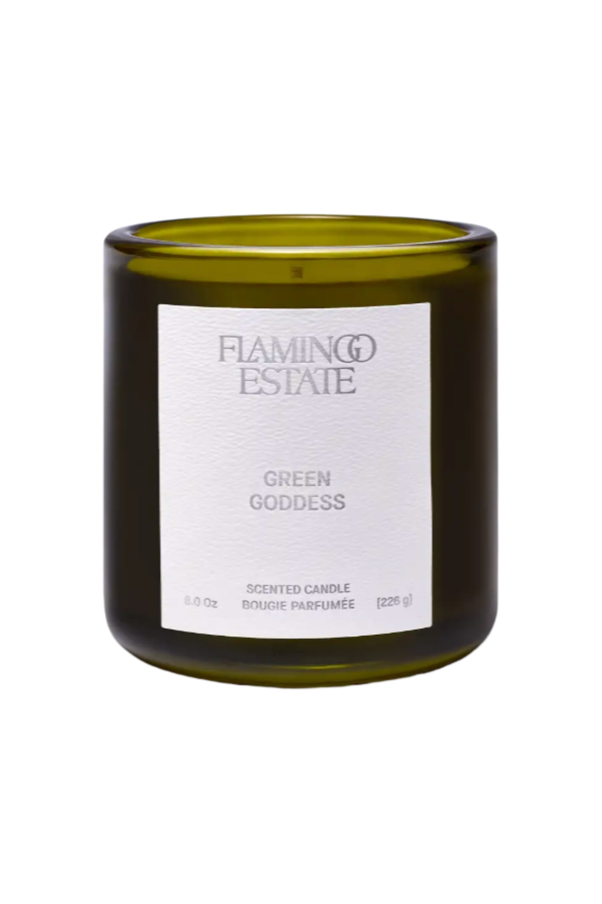 a green and white flamingo estate candle