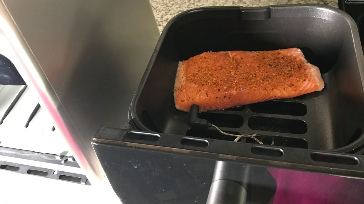 raw salmon in the dreo chefmaker prior to cooking