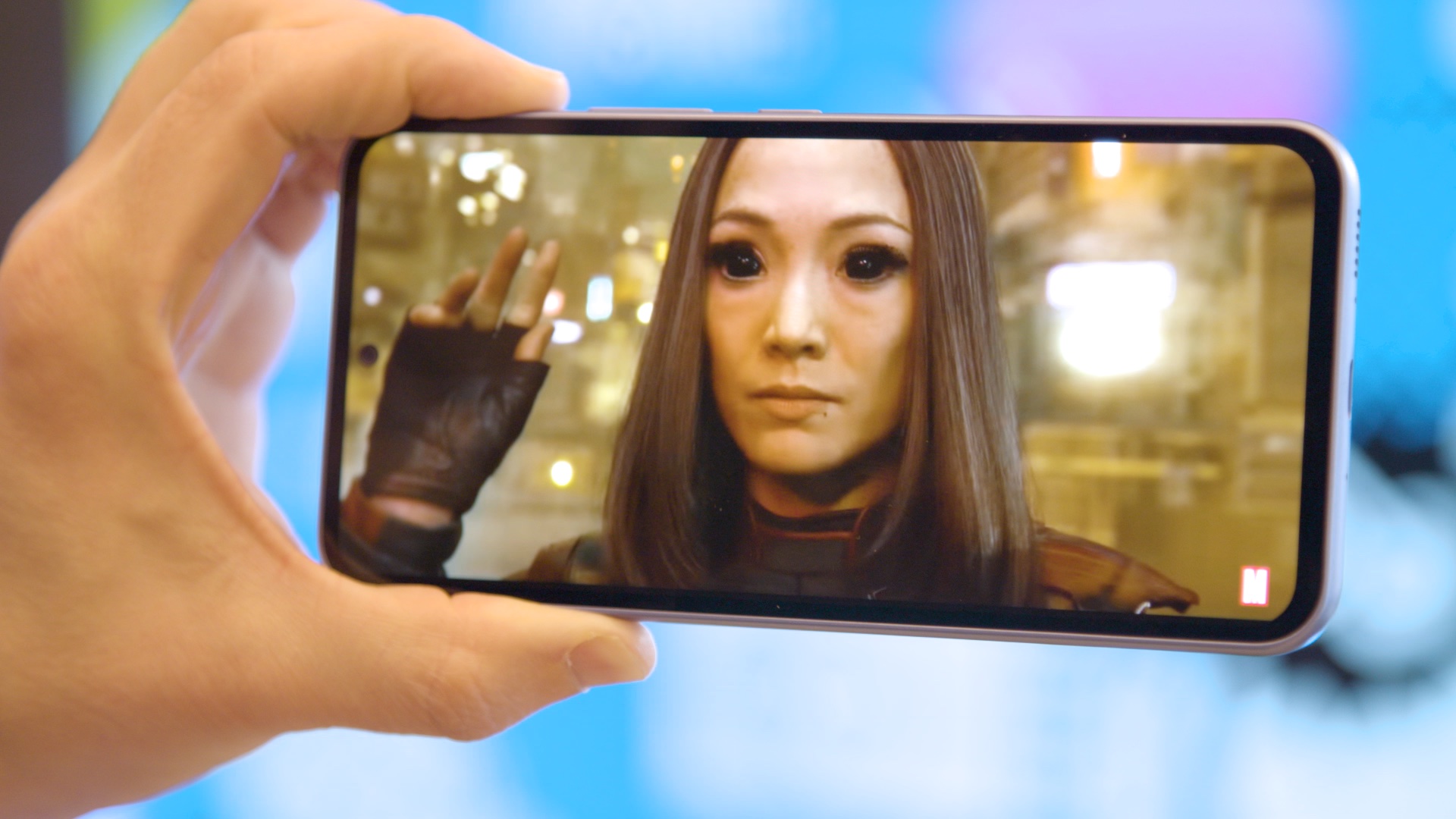 Samsung Galaxy A54 display showing Guardians of the Galaxy Vol. 3 trailer