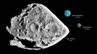 A size comparison of Dinkinesh (shown in blue) and other main asteroid belt objects Bennu and (2867) Steins.