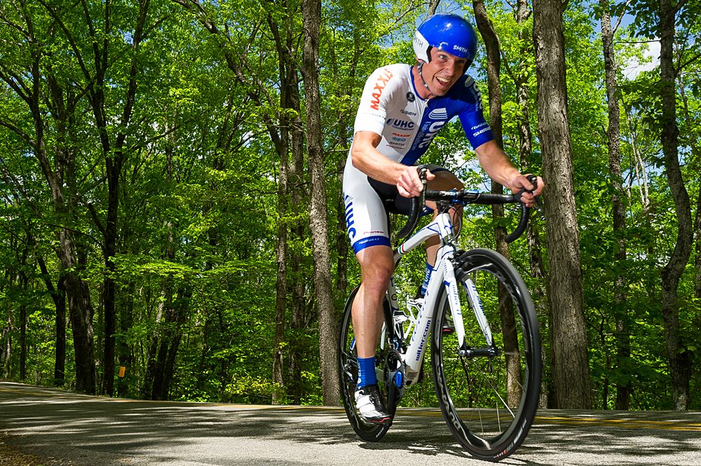 A UnitedHealthcare Professional Cycling Team (USA) rider makes his way up the switchback section of the course.