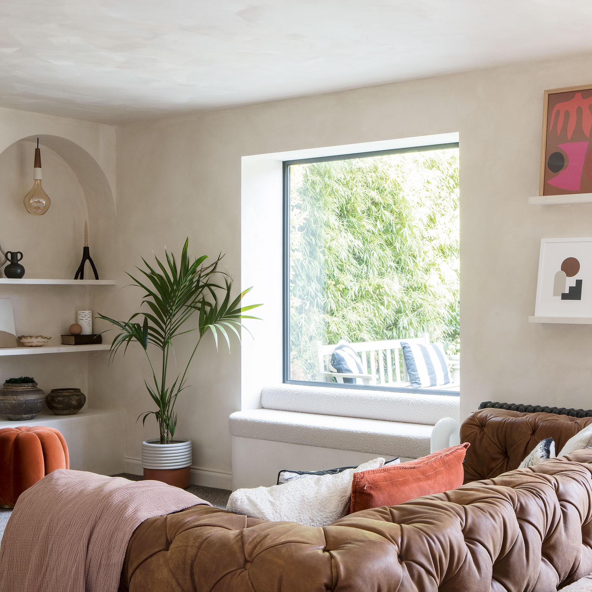 room with sofa and shelves