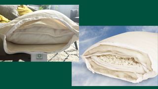 A side-by-side comparison of two images on a forest green background: a candid image of the tester's Birch Organic Pillow and a promotional image of the Birch Organic Pillow on a blue-sky background. 