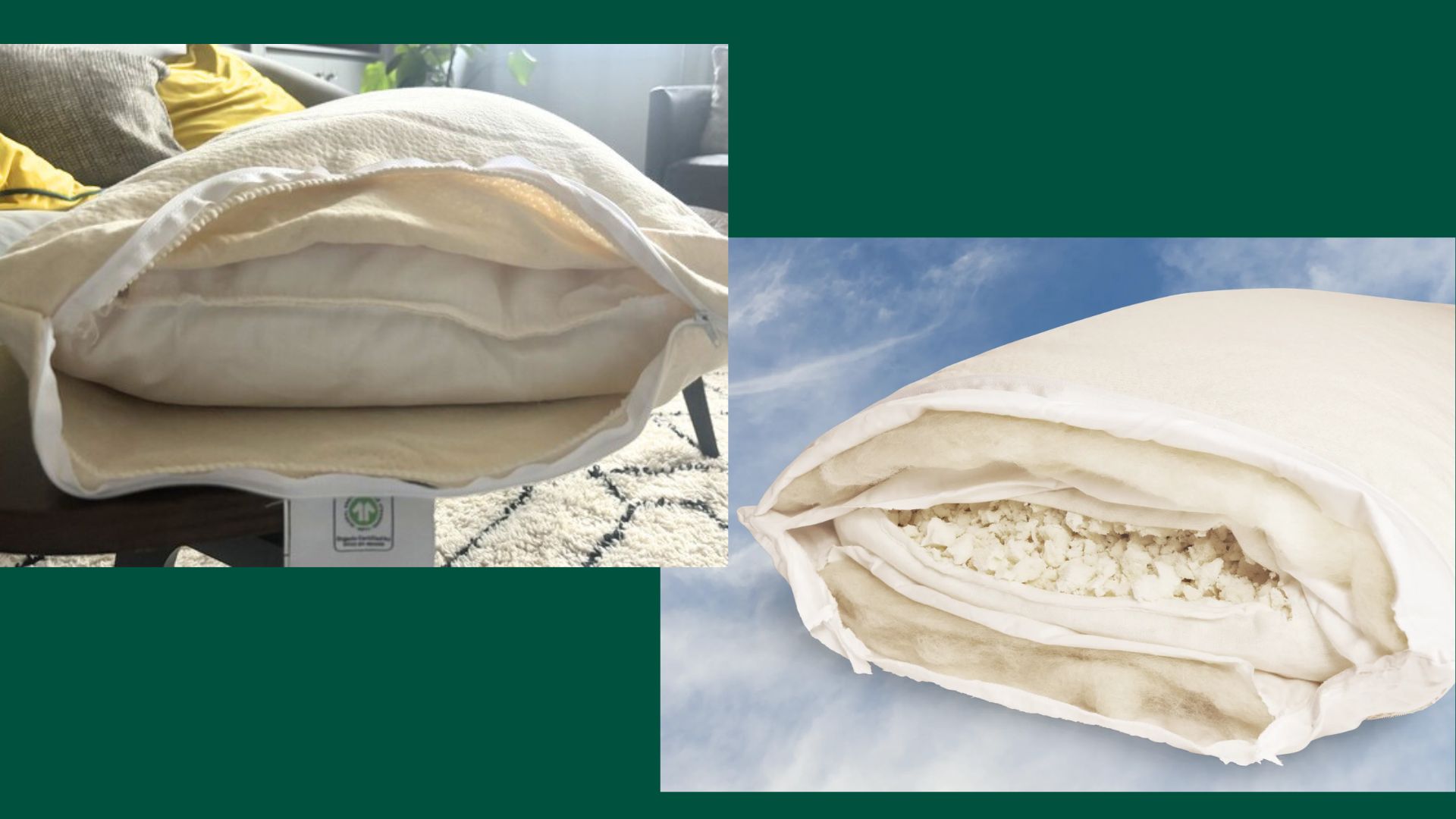 A side-by-side comparison of two images on a forest green background: a candid image of the tester's Birch Organic Pillow and a promotional image of the Birch Organic Pillow on a blue-sky background. 