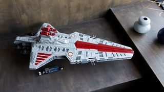 Lifestyle shot of the Lego Star Wars Venator-Class Republic Attack Cruiser on a tabletop