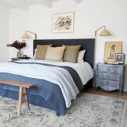 Blue rug in white bedroom with blue bedding