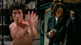 Bruce Lee posed to fight in Enter the Dragon and Keanu Reeves shielding himself with his jacket in John Wick: Chapter 4, pictured side by side. 