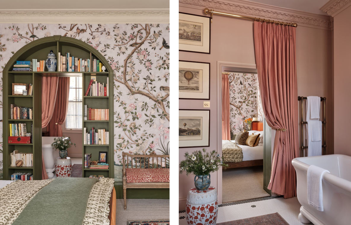 Bathroom and bedroom with pink curtain separating them