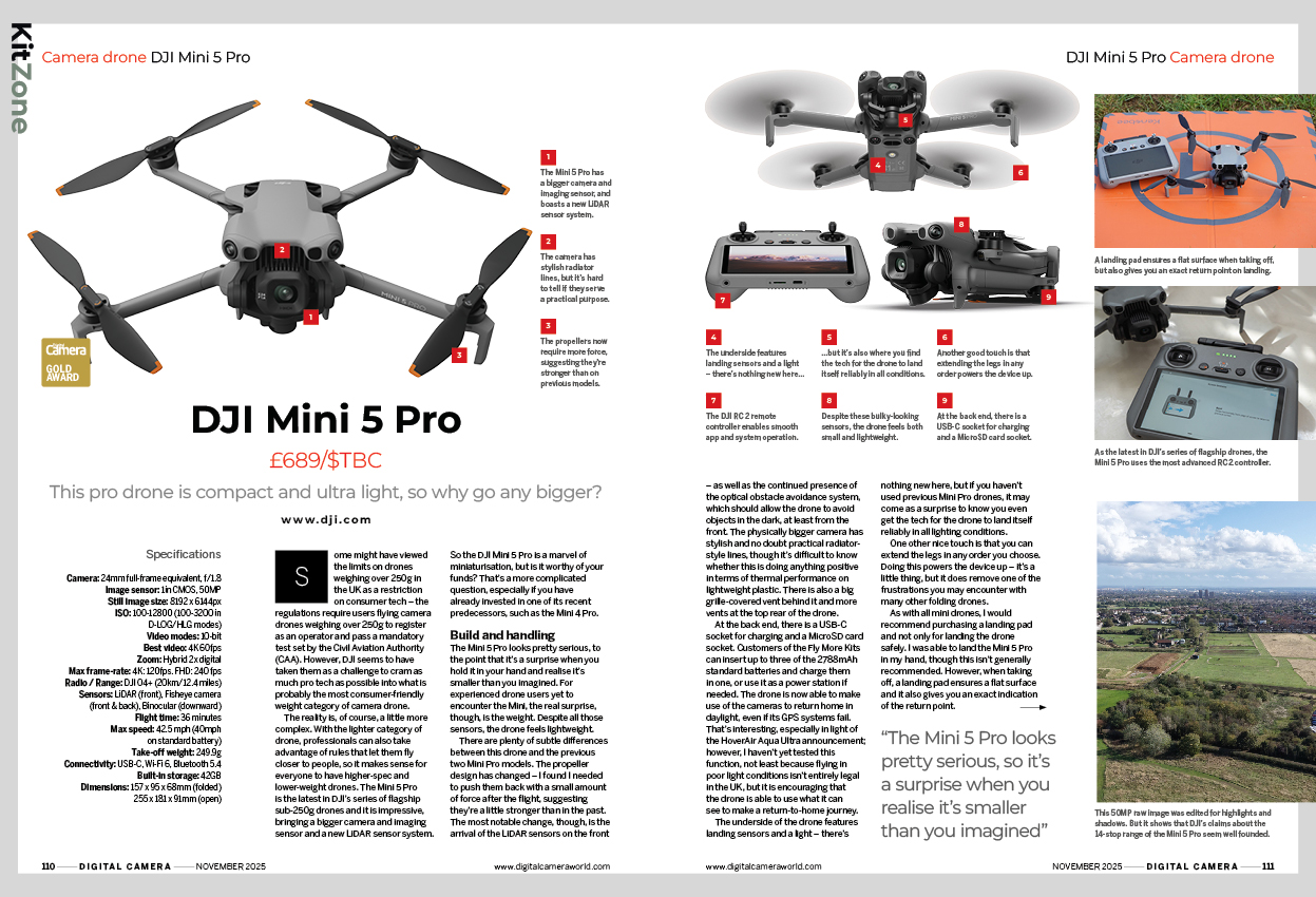Image showing the first two pages of the DJI Mini 5 Pro camera drone review, in issue 300 (November 2025) of Digital Camera magazine