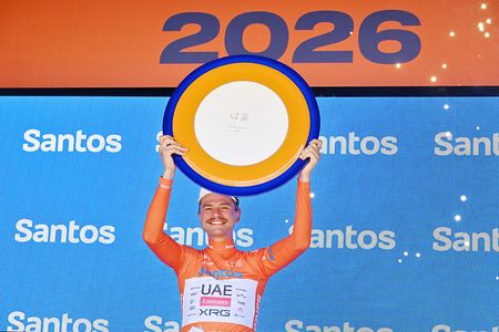 Jay Vine (UAE Team Emirates-XRG) celebrates victory in the 2026 Tour Down Under in Adelaide on January 25, 2026. (Photo by Brenton Edwards / AFP via Getty Images)