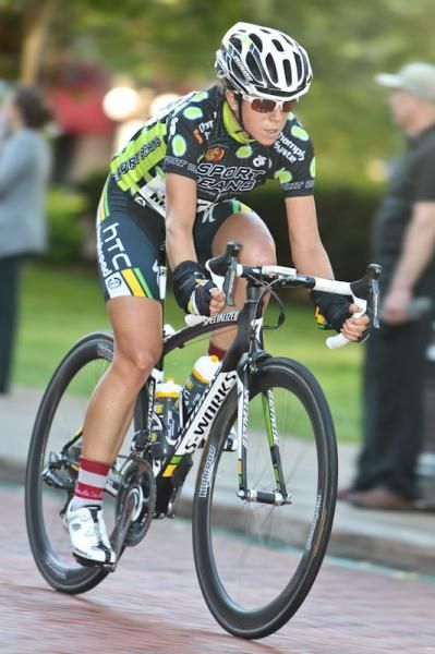 Evelyn Stevens (HTC-Highroad) sporting the climber's jersey after stage 1.