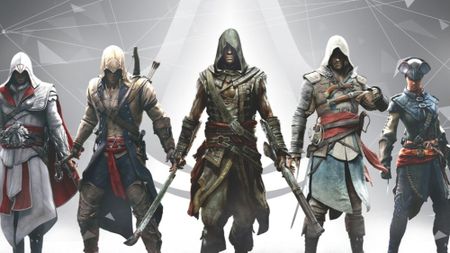 Assassin's Creed artwork showing several assassins from the franchise