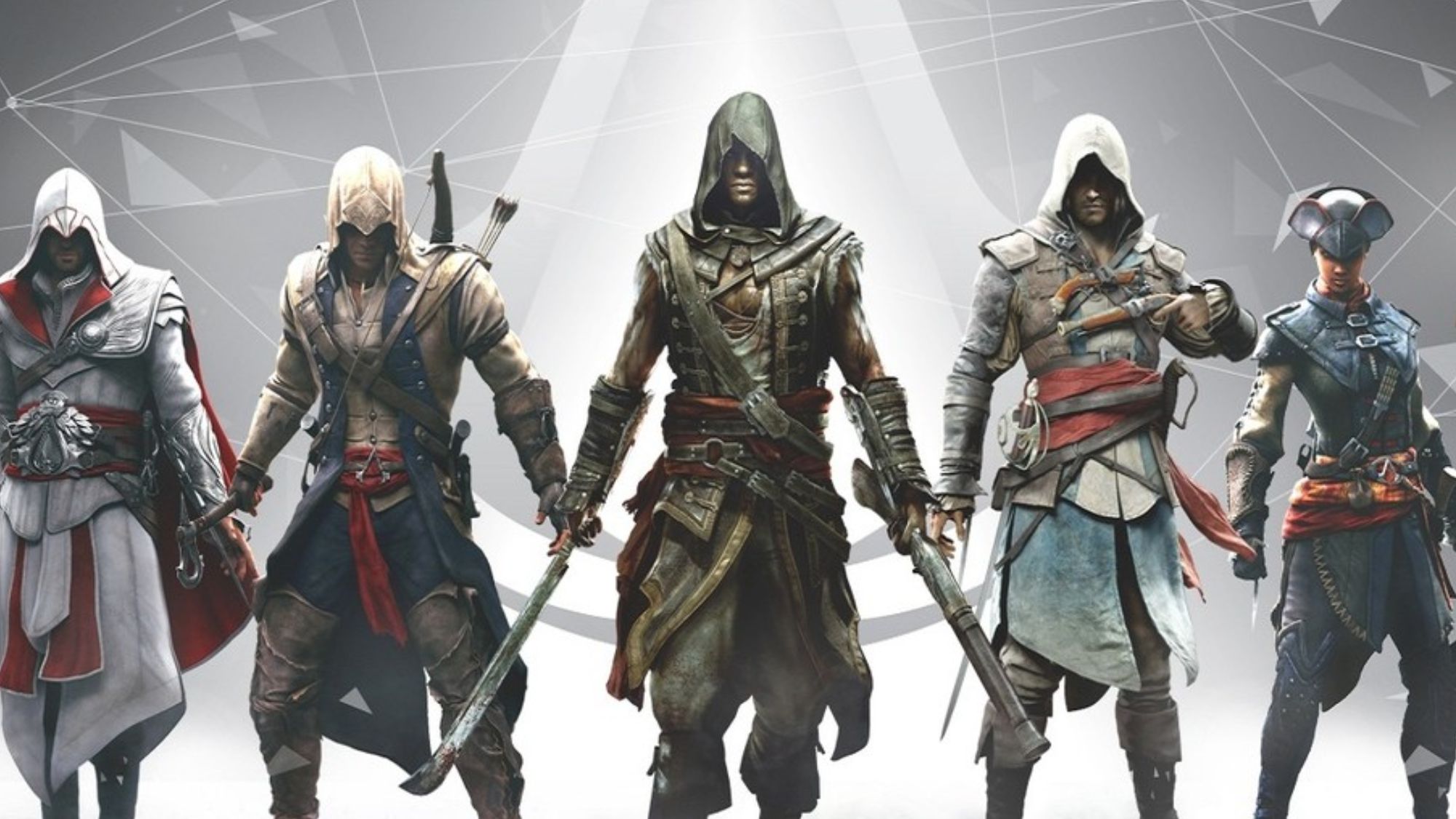 Assassin's Creed artwork showing several assassins from the franchise
