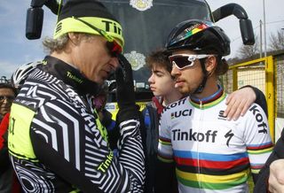 Oleg Tinkov gives a pep talk to Peter Sagan ahead of the stage