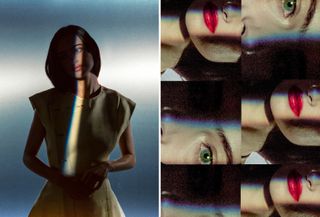 Side by side images of Cazzie David. On the left, she is mostly in shadow with a strip of light on her face wearing a white Louis Vuitton top. On the right is a series of close-up crops of her eyes and lips.