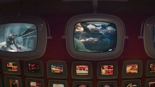 A bunch of TVA TV screens showing footage of previous Marvel movies, including Iron Man and Avengers: Age of Ultron