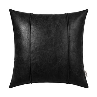 Brawarm Black Leather Throw Pillow Covers 20 X 20 Inches - Faux Leather Pillow Cover With Piping, Hand Stitched Leather Throw Pillow for Couch Sofa Bed Living Room Home Decorative