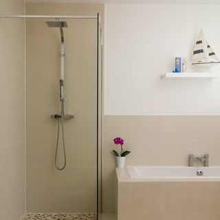 bathroom with shower area and bathtub