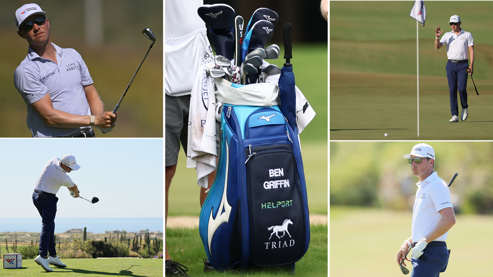 A close up of Ben Griffin&#039;s golf bag with pictures of him around the outside