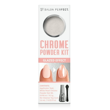 Salon Perfect Glazed Chrome Kit, White Pearl Chrome Powder 5g , No Cleanse Top Coat 0.125 Fl Oz &amp;amp; Applicator Tool Included