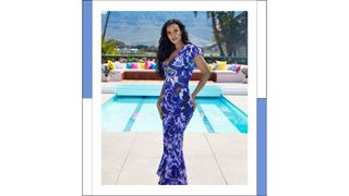 Maya Jama in a blue floral maxi dress at the Love Island villa