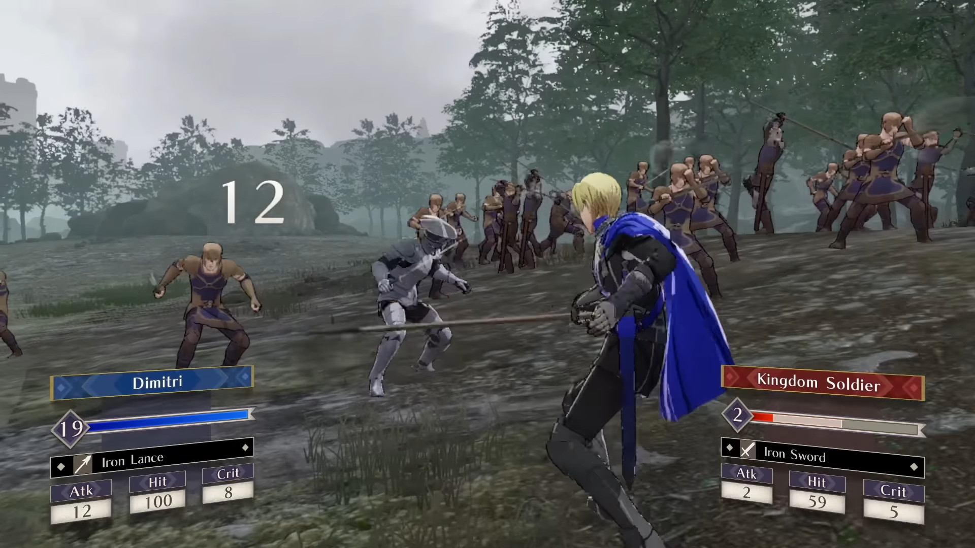 Dimitrin getting ready to attack an enmeny soldier during a battle in the turn-based RPG Fire Emblem: Three Houses