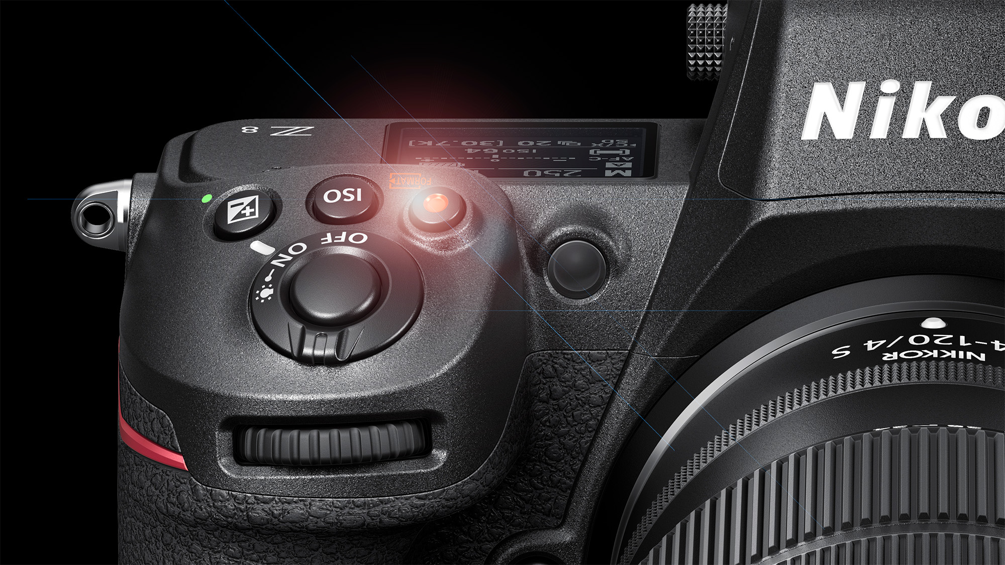 Nikon Z8 close-up on black background with lens flare over record button 