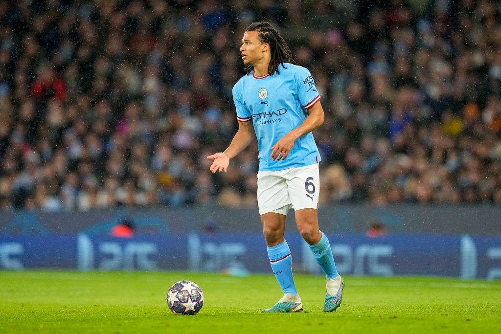 Nathan Ake on the ball for Manchester City in the Champions League