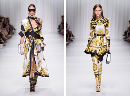  Versace signatures were paraded in full force, from baroque print silk scarves to chunky Medusa-head earrings, gold buckled belts, and cowboy hats customised with medallions.