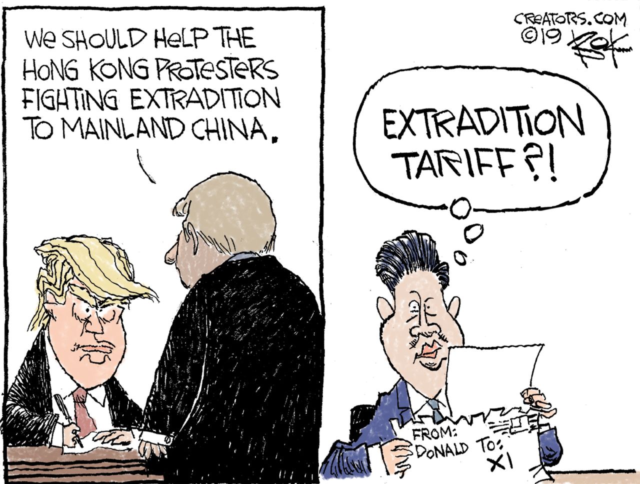 Political Cartoon U.S. Xi Jinping Trump Extradition Tariff Hong Kong Protesters