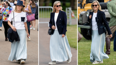 Composite of three images of Duchess Sophie wearing a maxi skirt with trainers at the Royal Windsor Horse Show in 2021 
