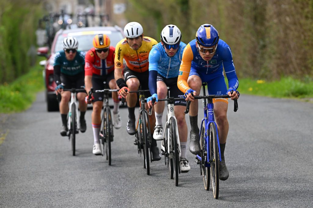 CHATEAUGONTIER FRANCE APRIL 04 LR Hugo Aznar of Spain and Team Equipo Kern Pharma Fredrik Dversnes of Norway and Team UnoX Mobility Romain Cardis of France and Team St Michel Mavic Auber93 Damien Girard of France and Team Nice Metropole Cote dAzur and Leo Danes of France and Team CIC U Nantes Atlantique compete in the breakaway during the 70th Region Pays de la Loire Tour 2024 Stage 3 a 1598km stage from Segre en Anjou Bleu to ChateauGontier on April 04 2024 in ChateauGontier France Photo by Dario BelingheriGetty Images