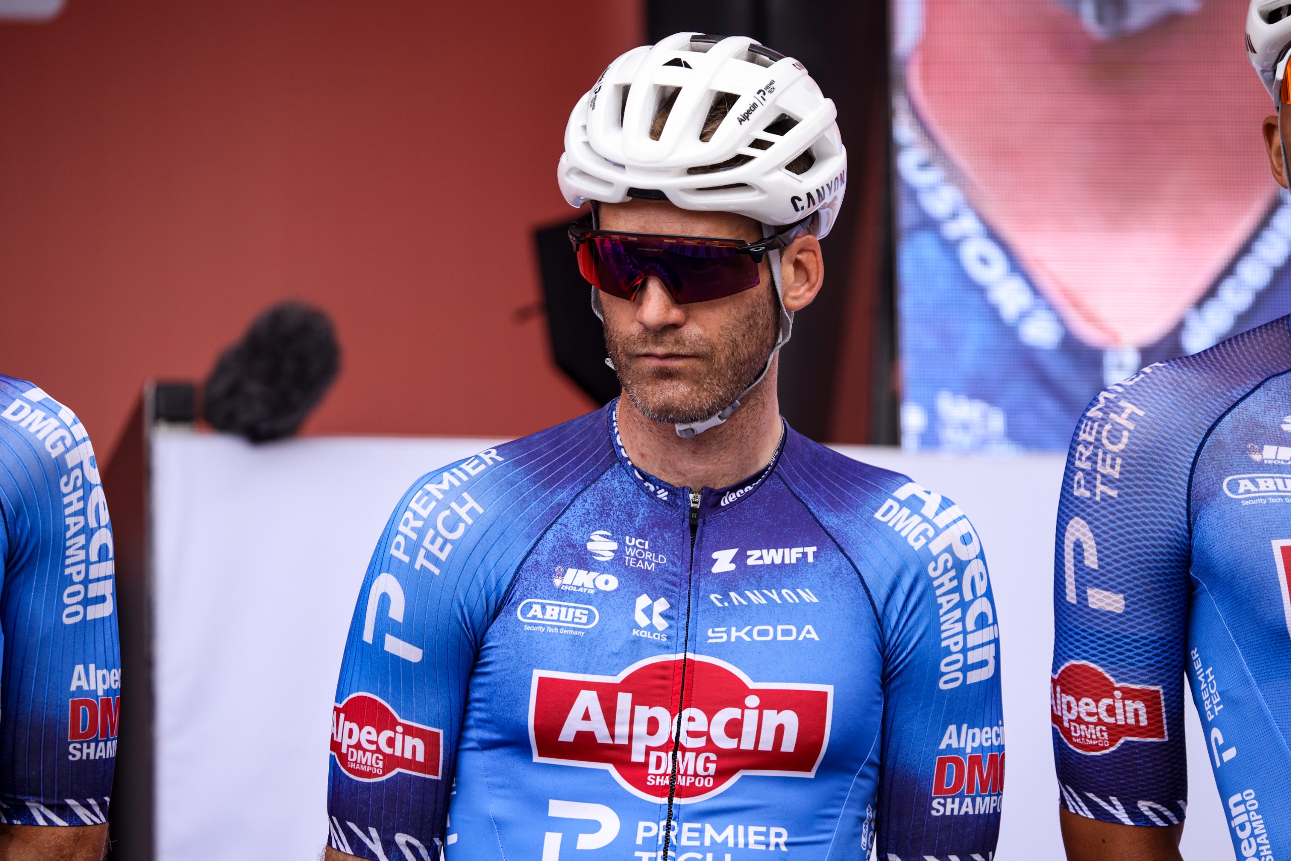 Hugo Houle pictured on the sign-on podium at the Vuelta a Espana