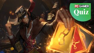 The character Twisted Fate, an enchanted gambler holding a fan of cards, in Legends of Runeterra.