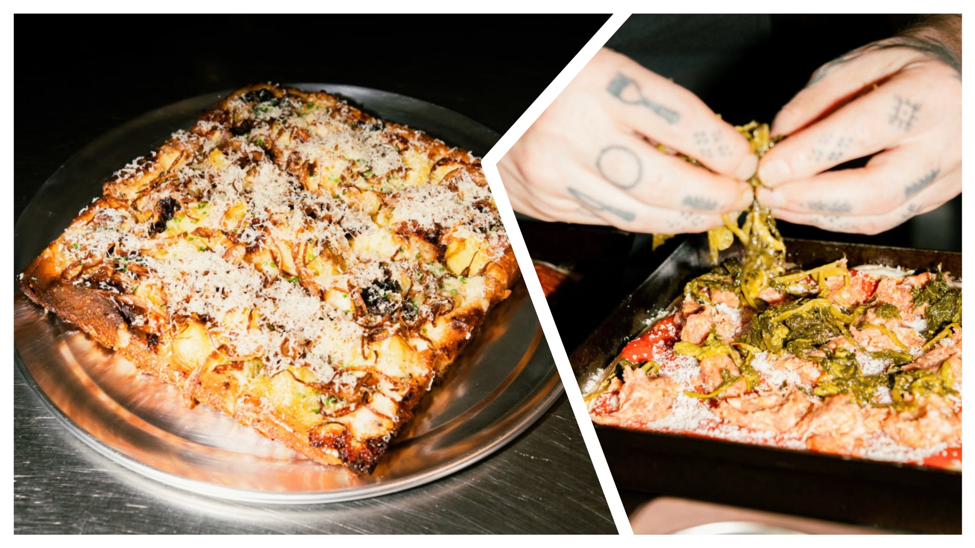 two images spliced together, the left showing one of the new deep dish pizzas, and the right showing a chef adding toppings to a pizza about to be cooked