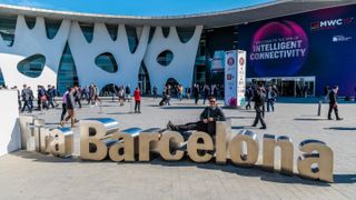 The exterior of the Fira de Barcelona venue at MWC 2019 with a full crowd
