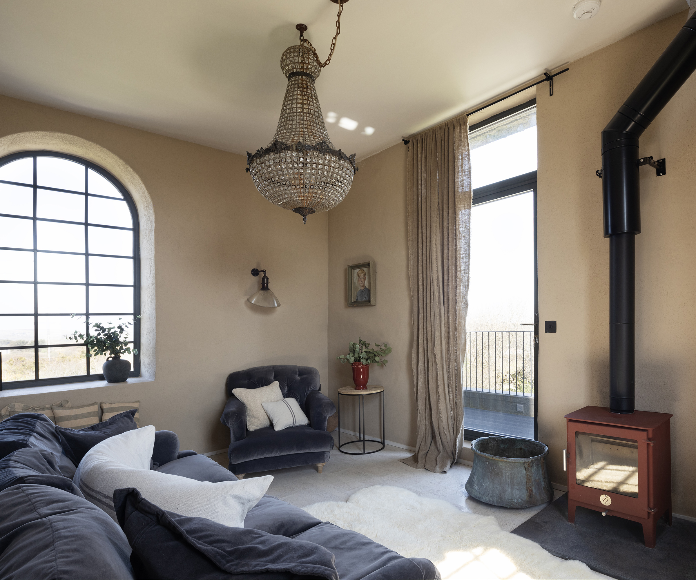 Living room inside an electrical substation conversion
