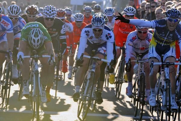 Slovenia's Borut Bozic (Vacansoleil Pro Cycling Team) takes the sprint for stage honours.