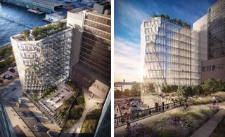 Two images of Studio Gang’s 40 Tenth Avenue building. Left, shows a view from above showing the top of the building which has trees on top of it and a view of the ocean. Right, shows the side of the building and the walkways in front of it.