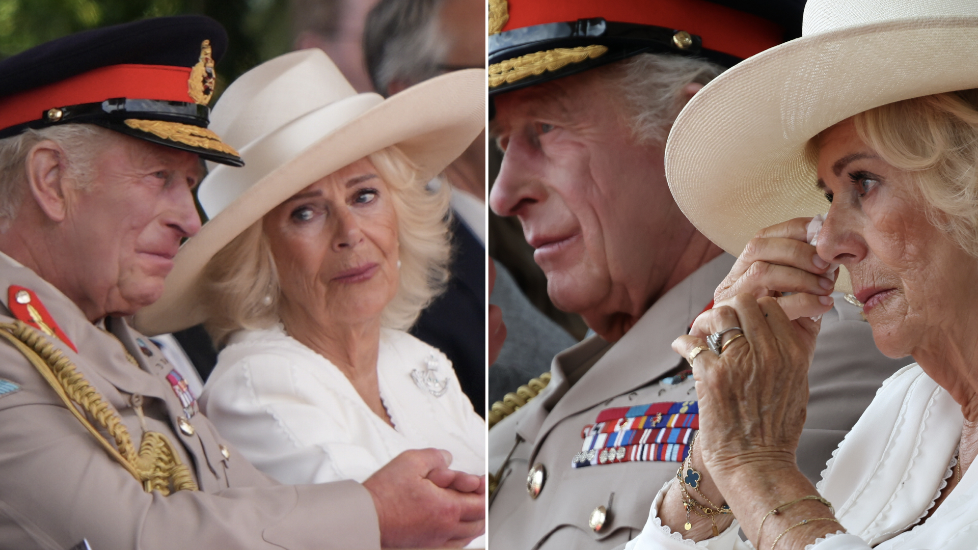 Queen Camilla wears all white and cries while looking at husband King Charles, who has been called brave during the VJ Day 80th anniversary