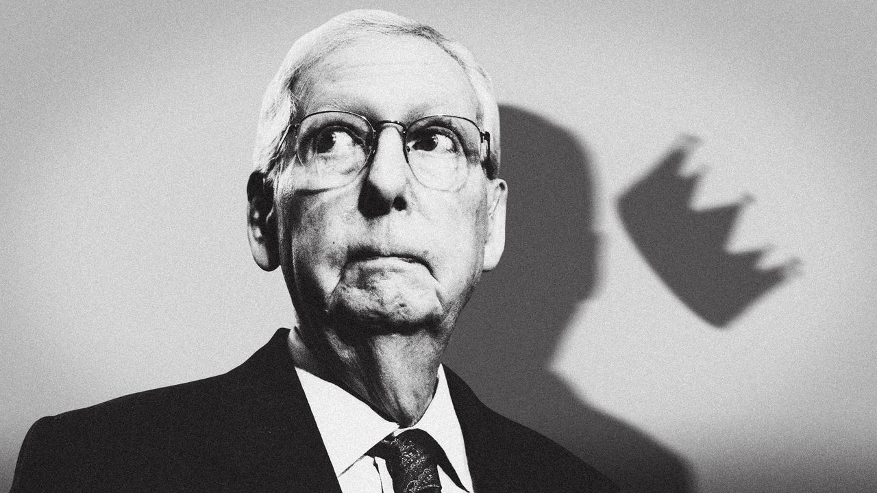 Mitch McConnell with the silhouette of a crown falling from his head