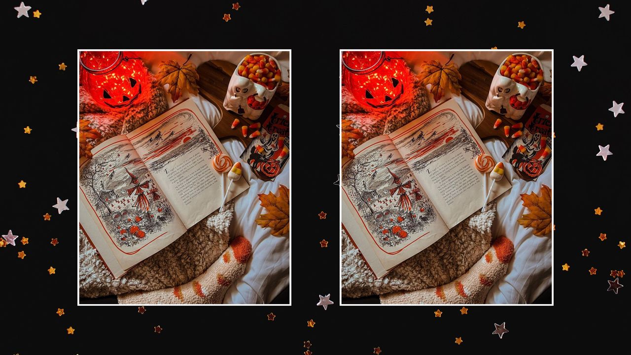 Two pictures of a bed with a Halloween book on it and Halloween decorations