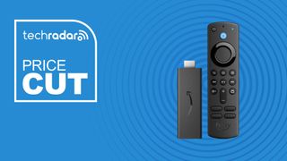 Amazon Fire TV Stick on a blue background