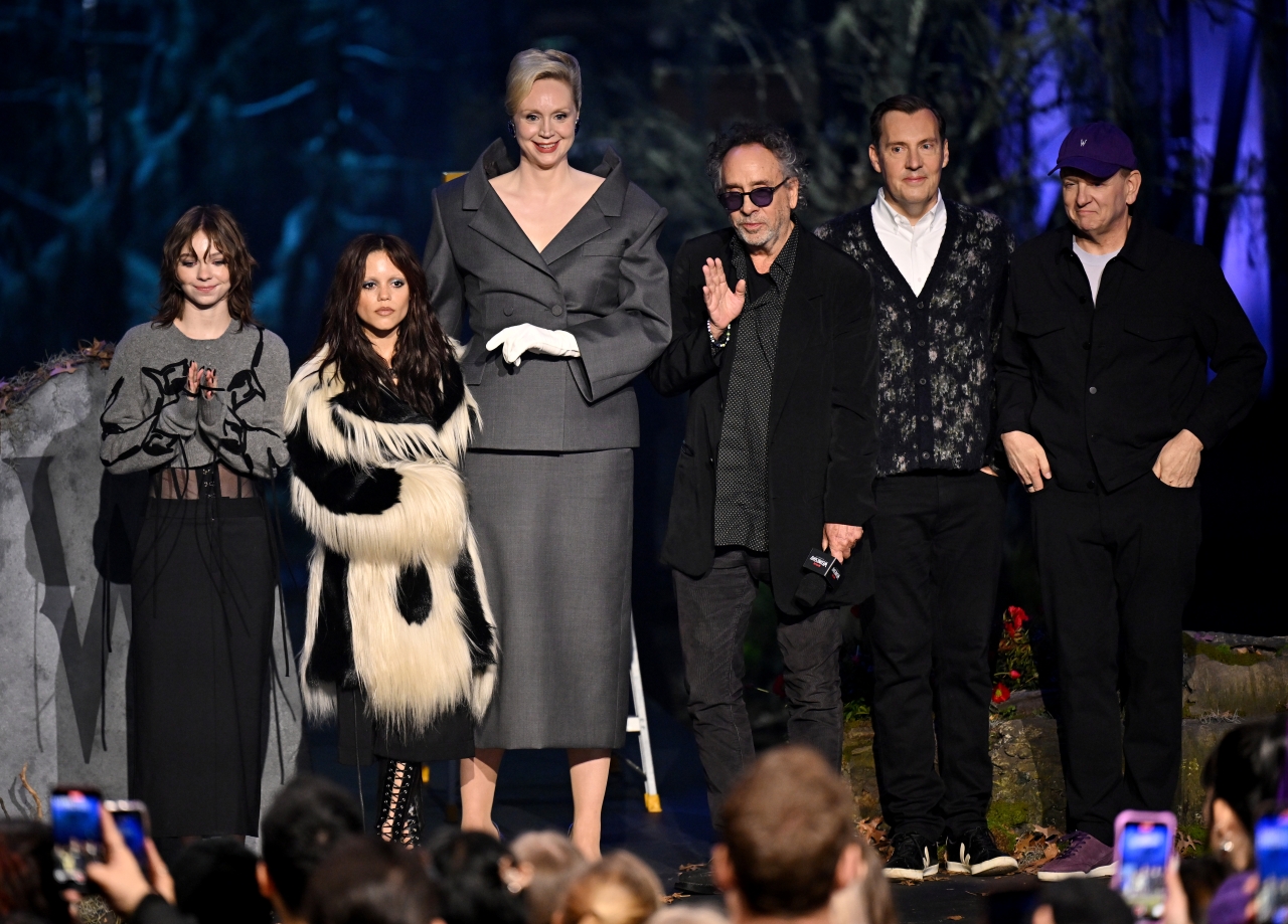 SYDNEY, AUSTRALIA - AUGUST 14: Emma Myers, Jenna Ortega, Gwendoline Christie, Tim Burton, Miles Millar and Alfred Gough attend the "Wednesday" S2, Part 2 'Outcast Assembly' on Cockatoo Island on August 14, 2025 in Sydney, Australia.