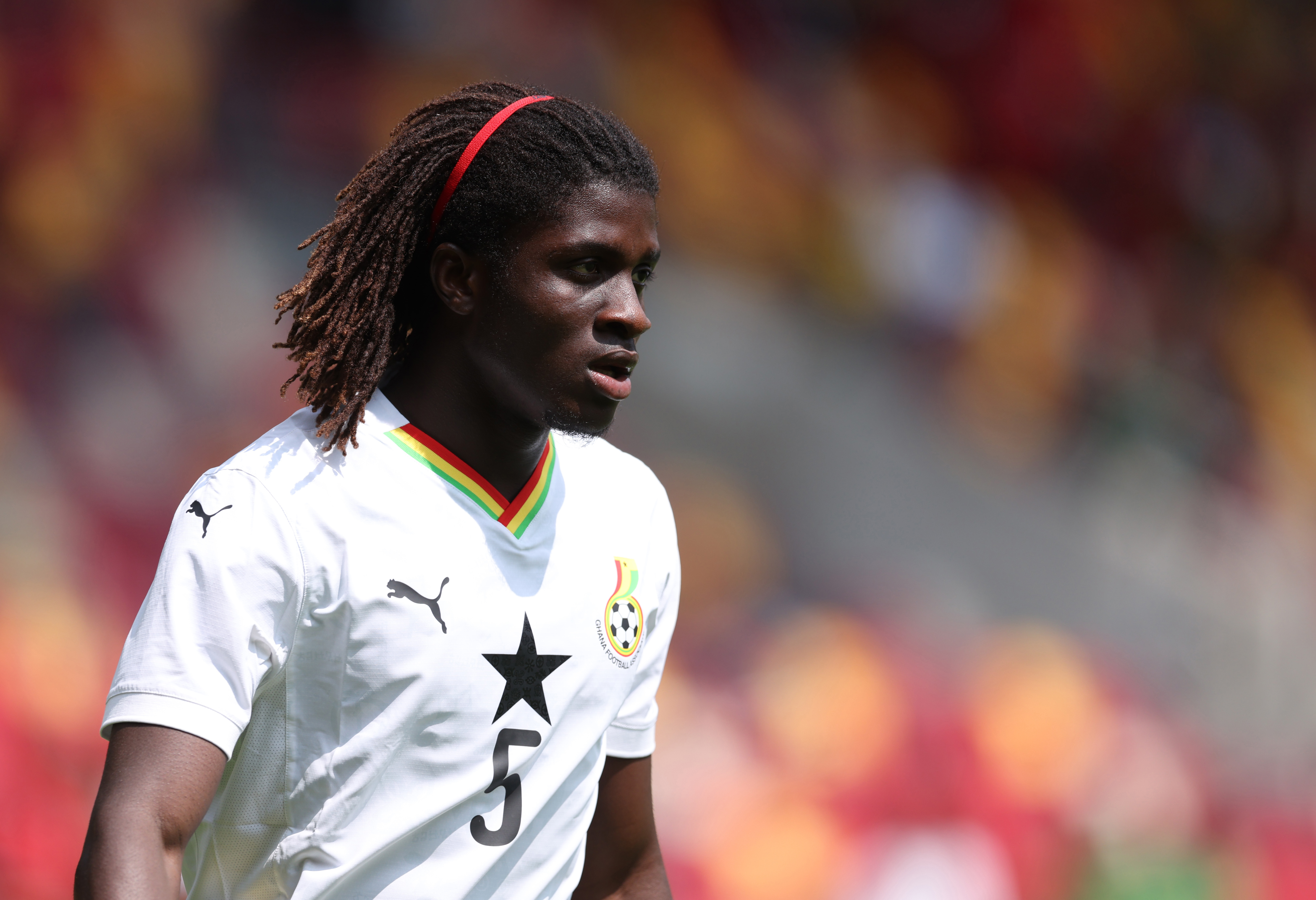 BRENTFORD, ENGLAND - MAY 31: Caleb Yirenkyi of Ghana during The Unity Cup 3rd/4th Play Off match between Ghana and Trinidad and Tobago at Gtech Community Stadium on May 31, 2025 in Brentford, England. (Photo by Catherine Ivill - AMA/Getty Images)