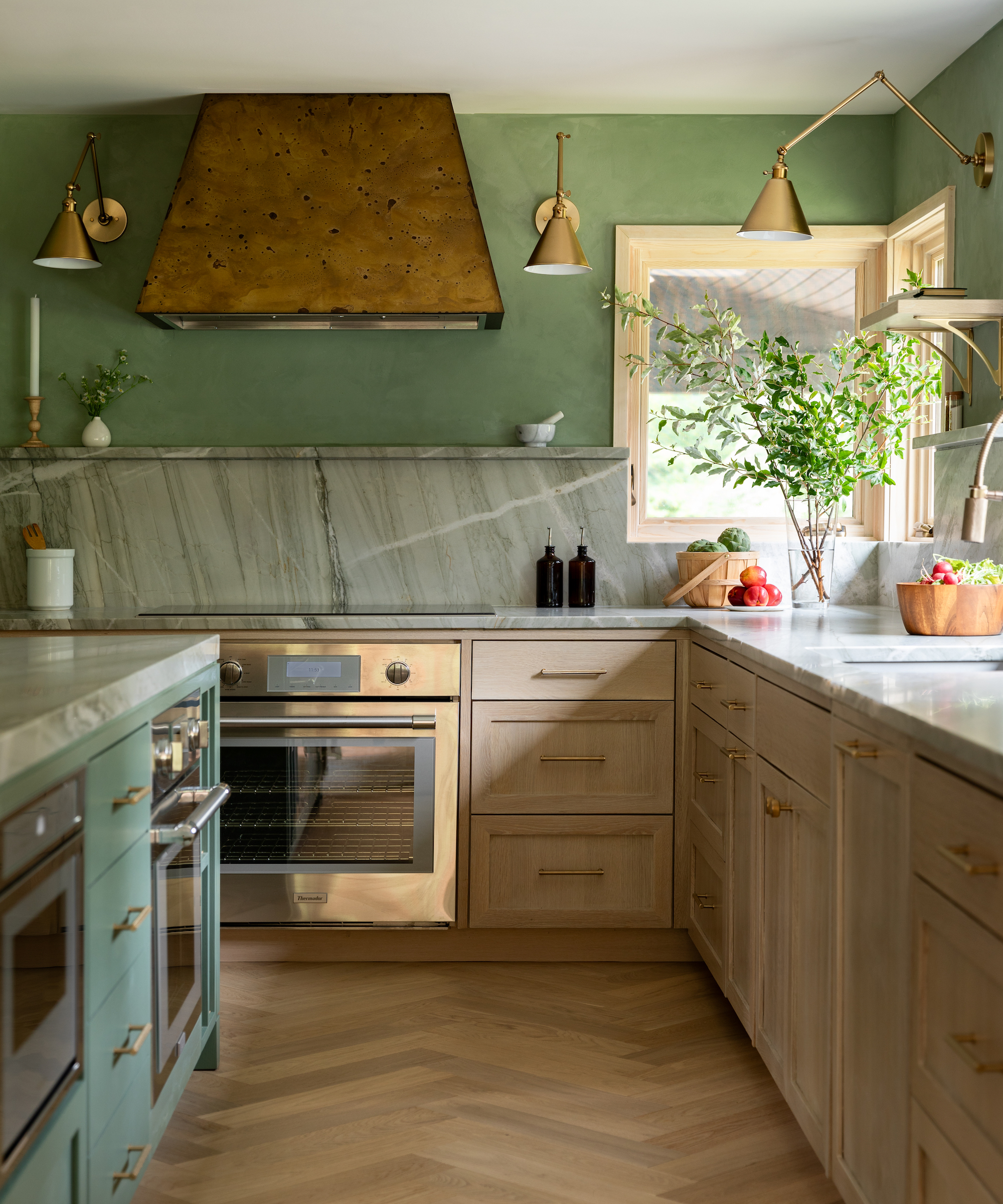 wood and green kitchen cabinets