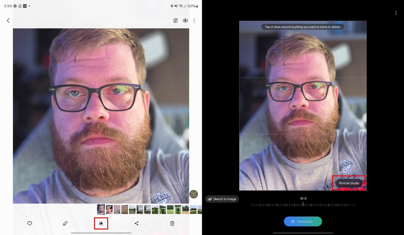 Sparkle icon below picture to access Portrait Studio option.