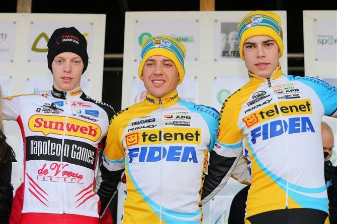 Elite men's podium at 2014 GP Stad Eeklo (L-R): Michael Vanthourenhout, Tom Meeusen and Wout Van Aert