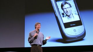 AI Bill Gates presenting a fake iPhone