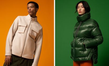 Left: Male model wearing beige zipped jacket and green trousers against an orange background. Right: Female model wearing a dark green bubble jacket and orange trousers against a green background